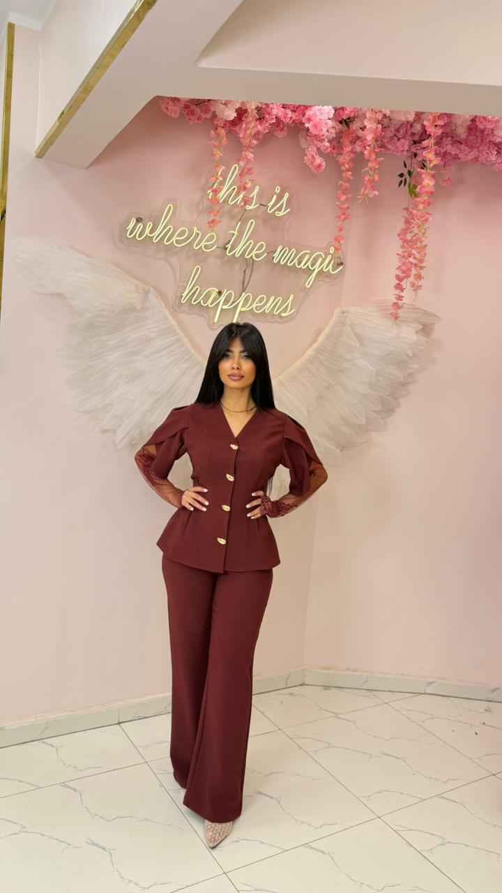 A sculpted peplum blazer set with lace sleeves