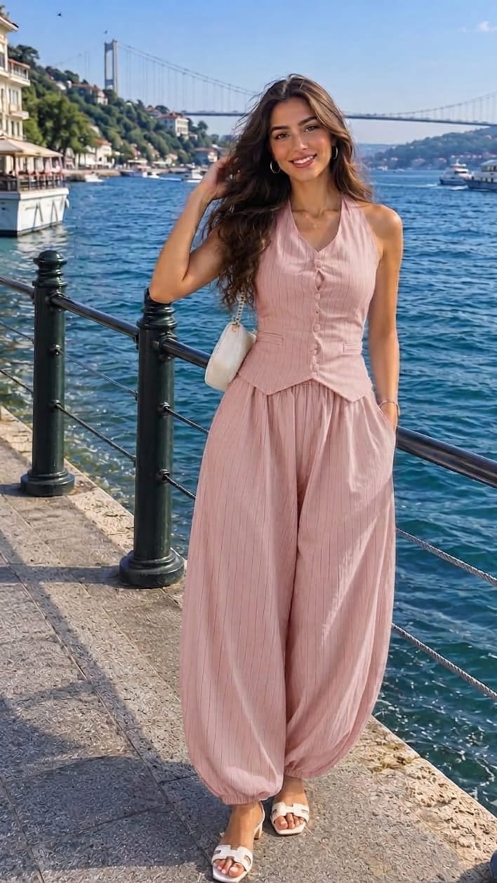 A set consisting of a striped jacket and wide-legged trousers with cuffs, made from a linen blend.