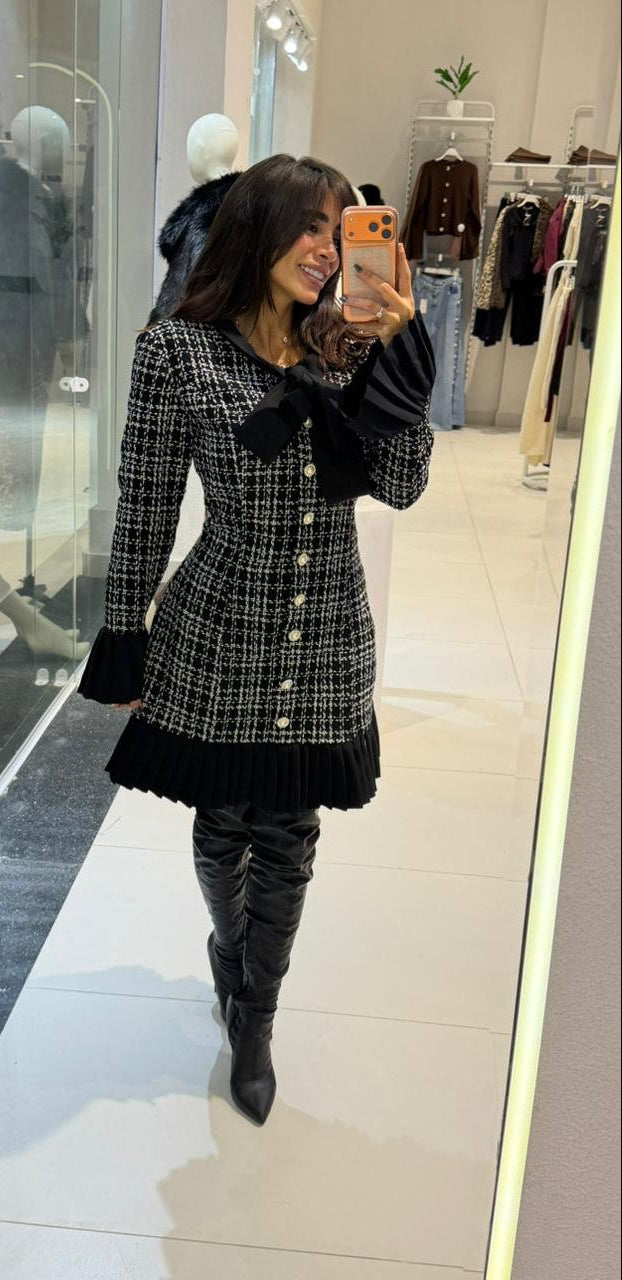 Chic Tweed Mini Dress with Pleated Hem and Statement Bow