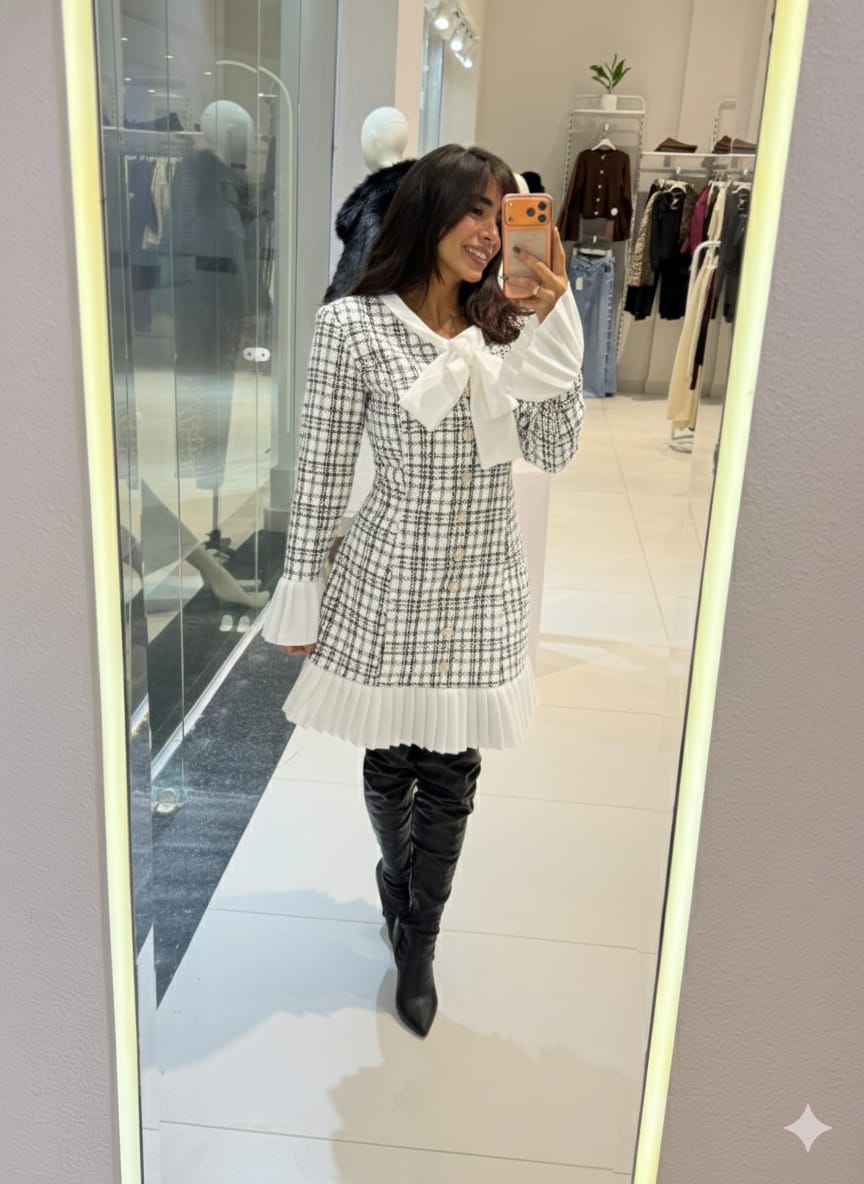 Chic Tweed Mini Dress with Pleated Hem and Statement Bow