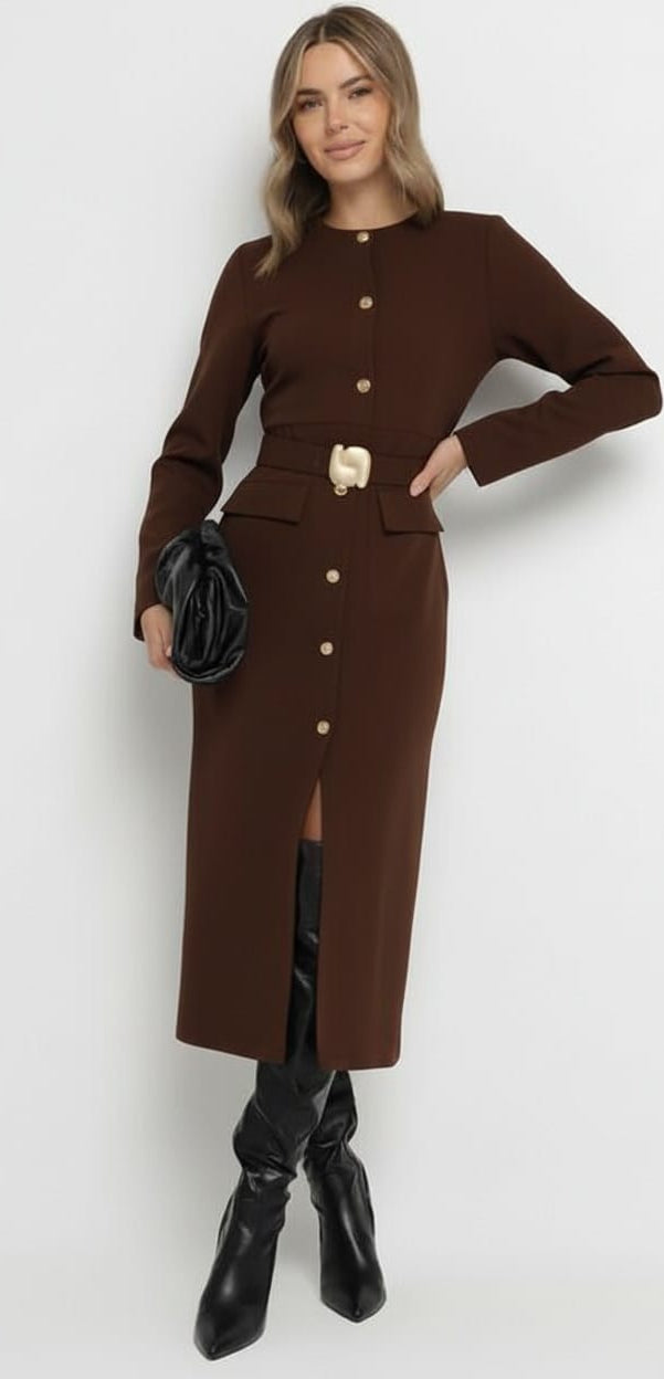 Elegance in Espresso: The Button-Front Trench Dress with Statement Belt