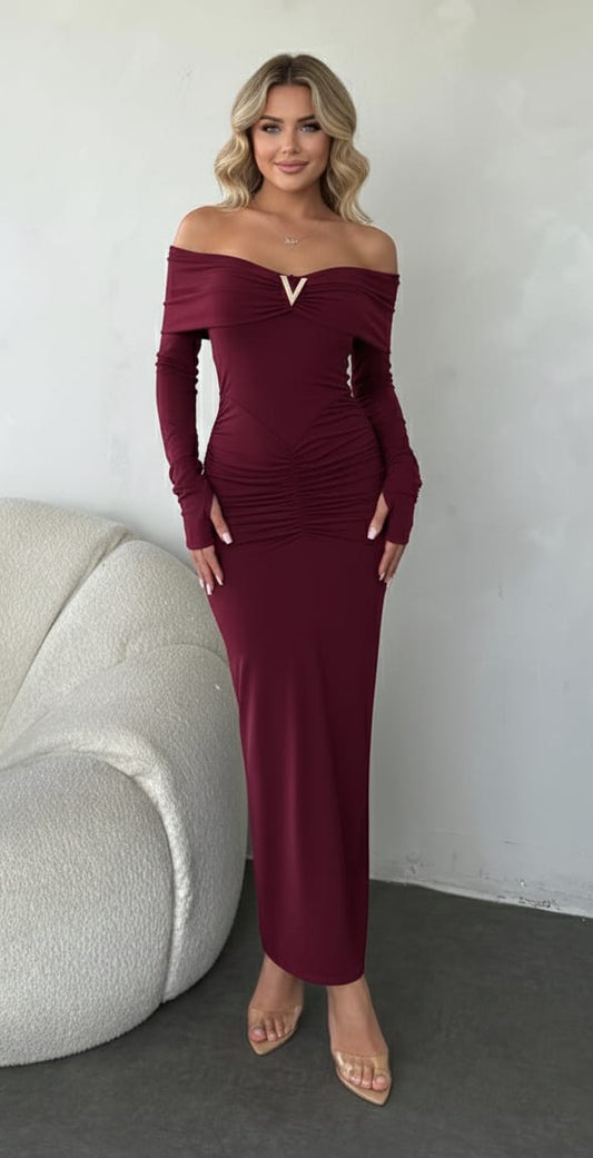 Elegant Off-Shoulder Ruched Maxi Dress in Deep Berry