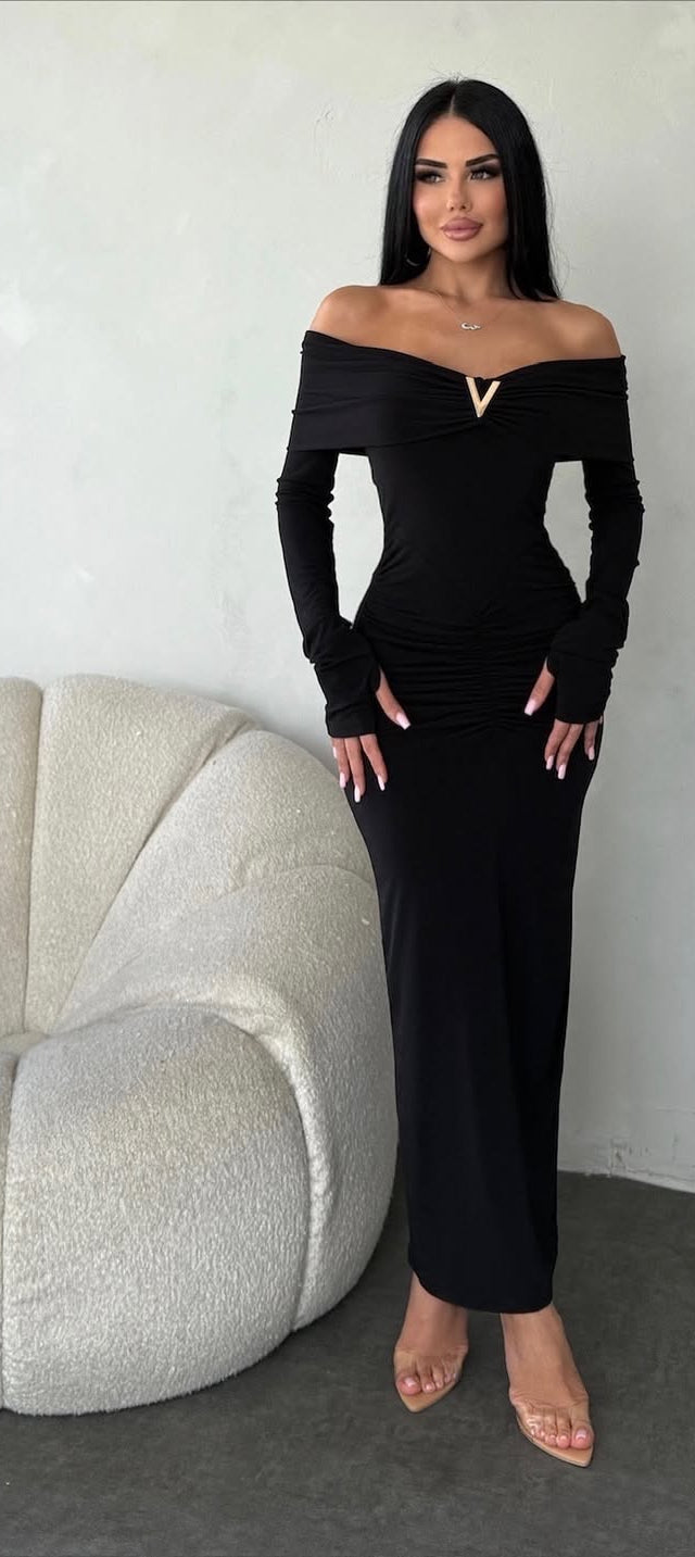 Elegant Off-Shoulder Ruched Maxi Dress in Deep Berry