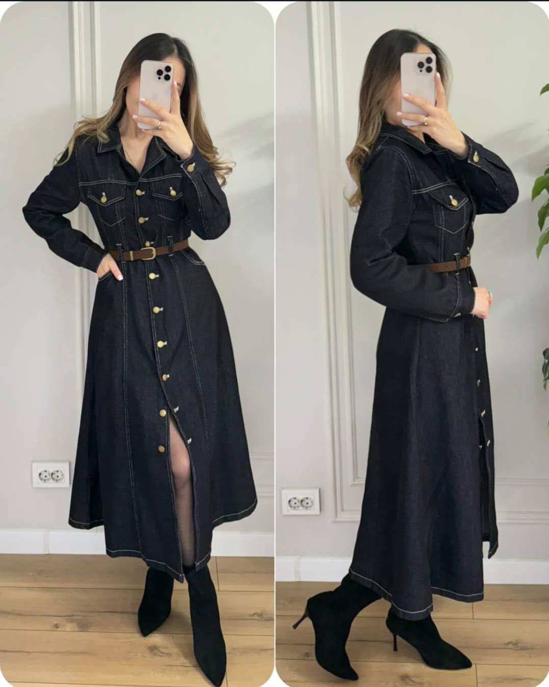 Denim maxi dress with a belt