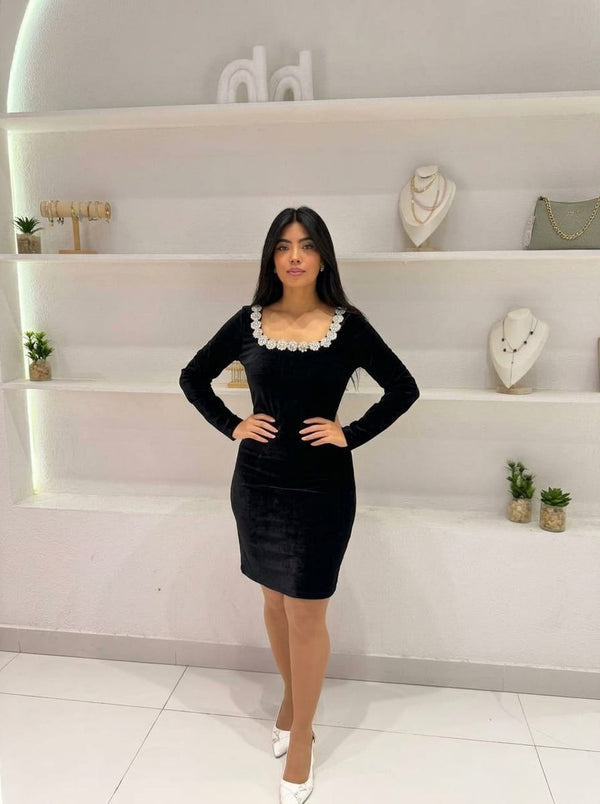 Embellished Square-Neck Velvet Dress