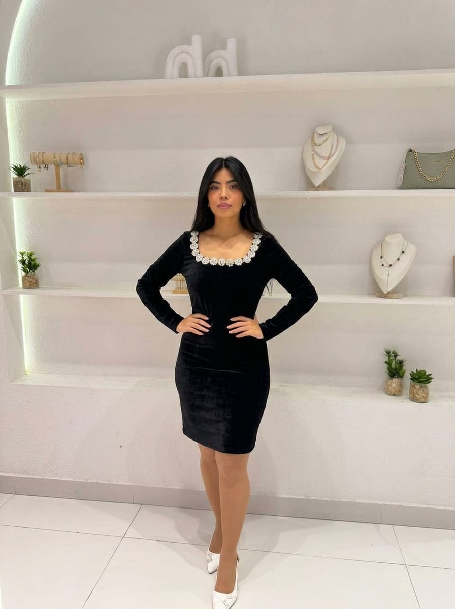 Embellished Square-Neck Velvet Dress