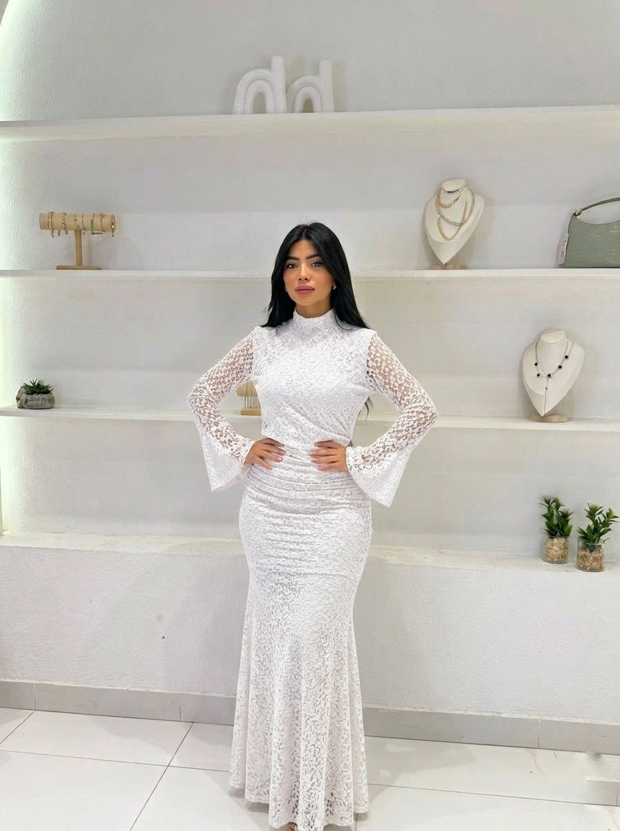 Long lace mermaid dress with a high neck and wide sleeves, view 2