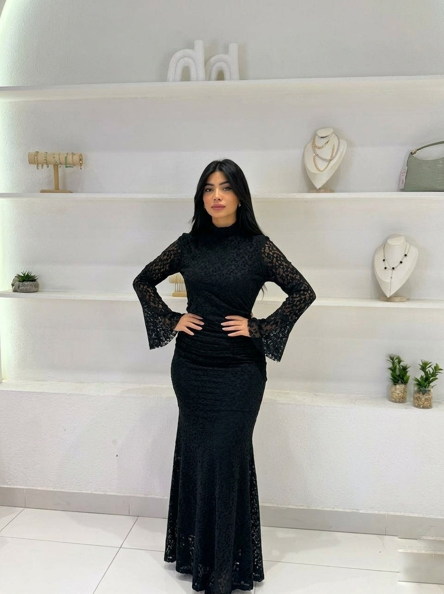 Long lace mermaid dress with a high neck and wide sleeves