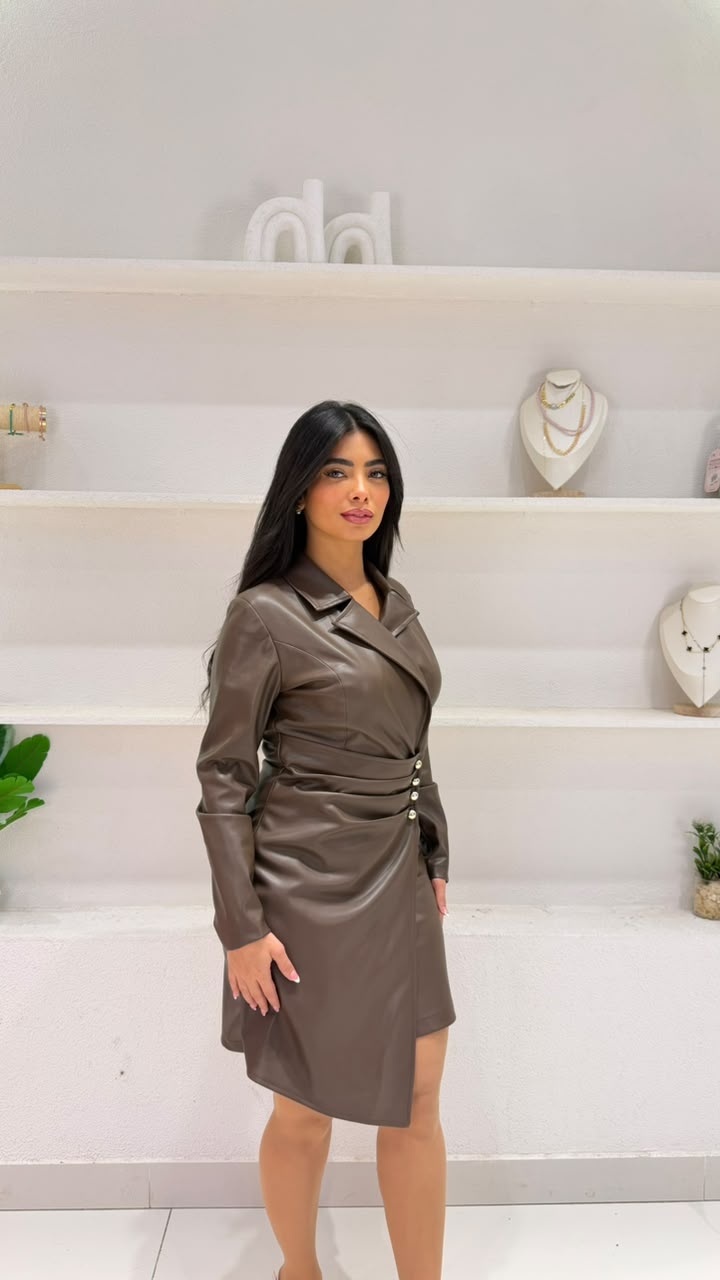 Faux leather wrap-style blazer dress with metal button details