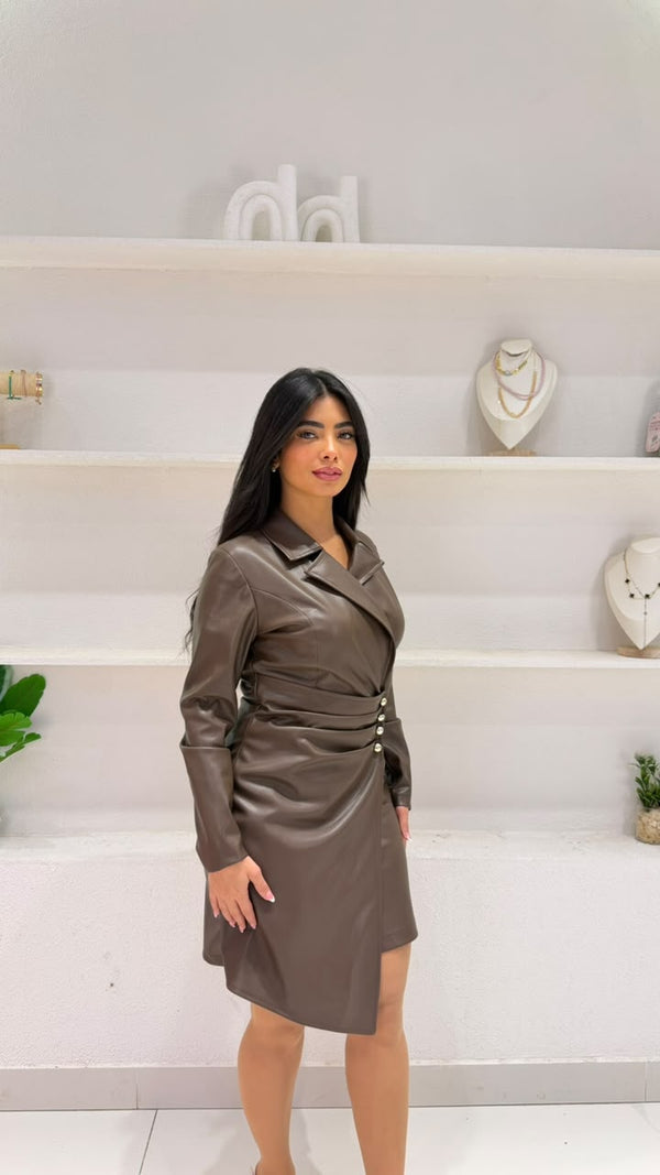 Faux leather wrap-style blazer dress with metal button details