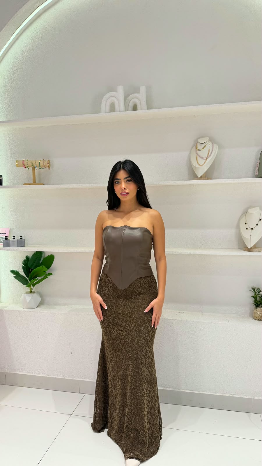 Dress with a faux leather corset bodice and jacquard fabric, view 9