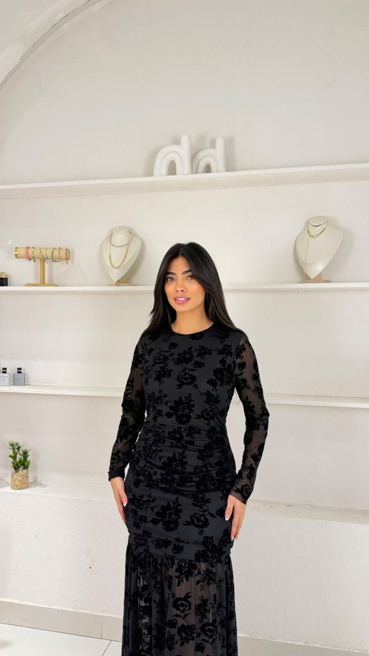 Long-sleeved floral tulle midi dress