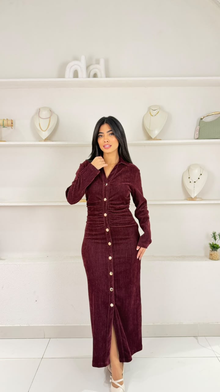 Gathered Button-Detail Maxi Dress