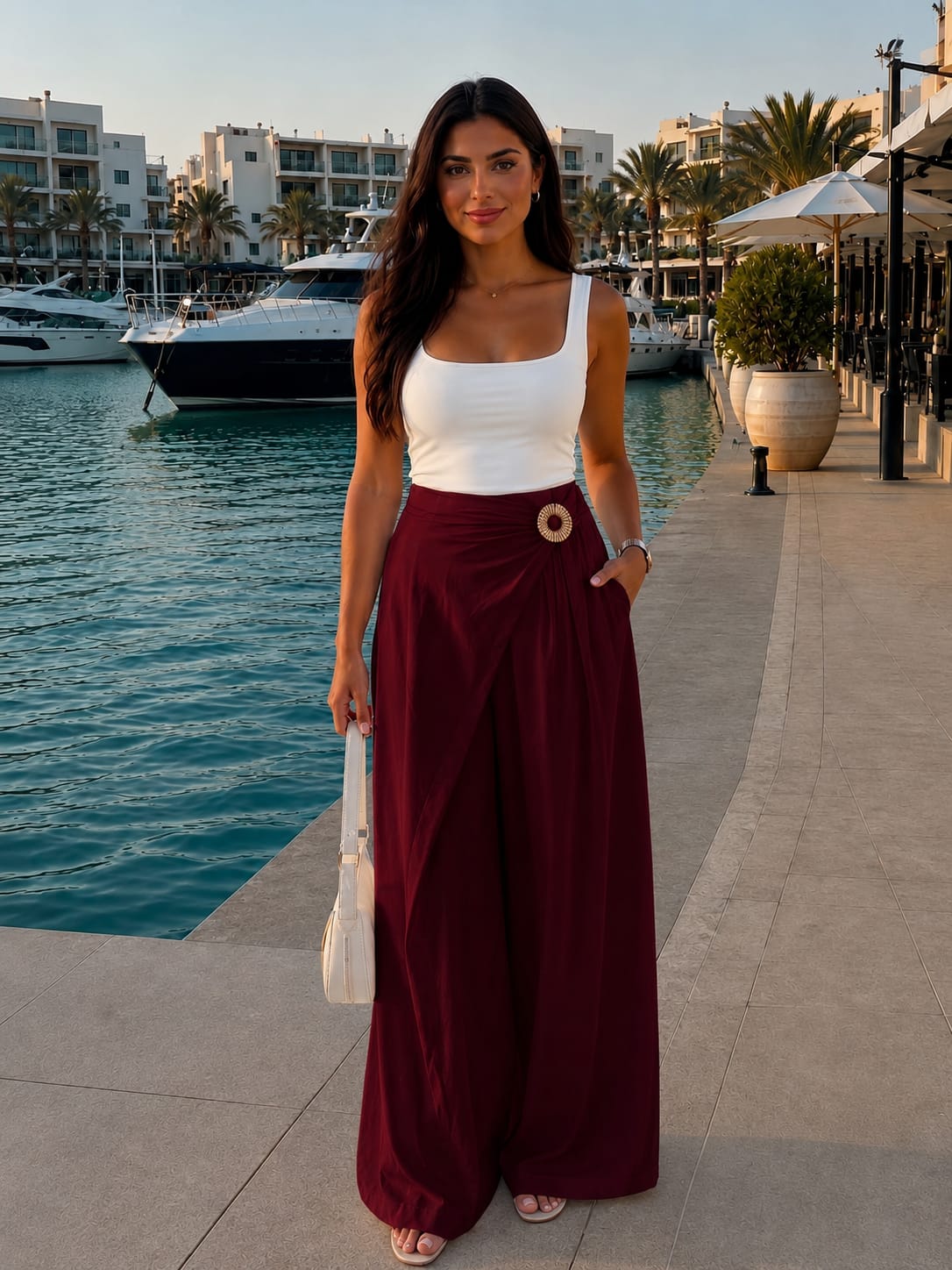 Wide-legged satin trousers with buckle detailing