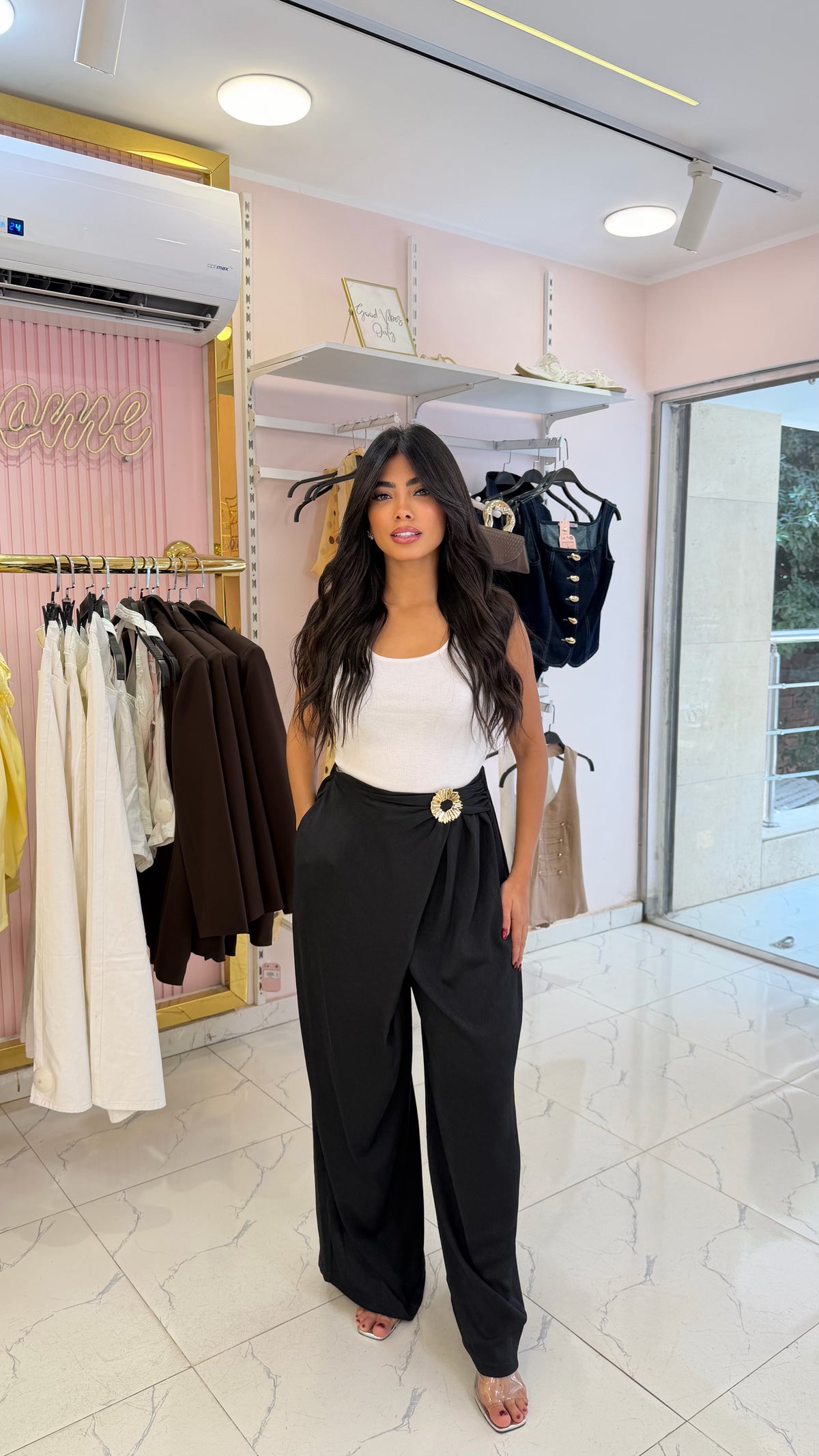 Wide-legged satin trousers with buckle detailing