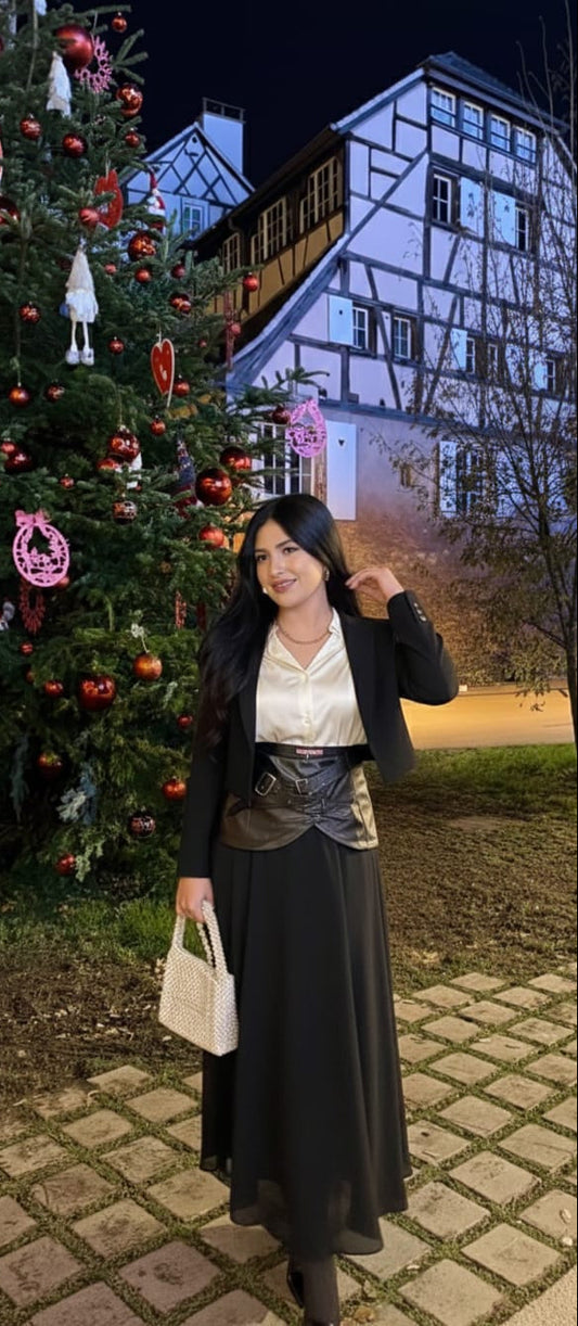 Edgy Fusion: Faux-Leather Buckled Corset Maxi Skirt