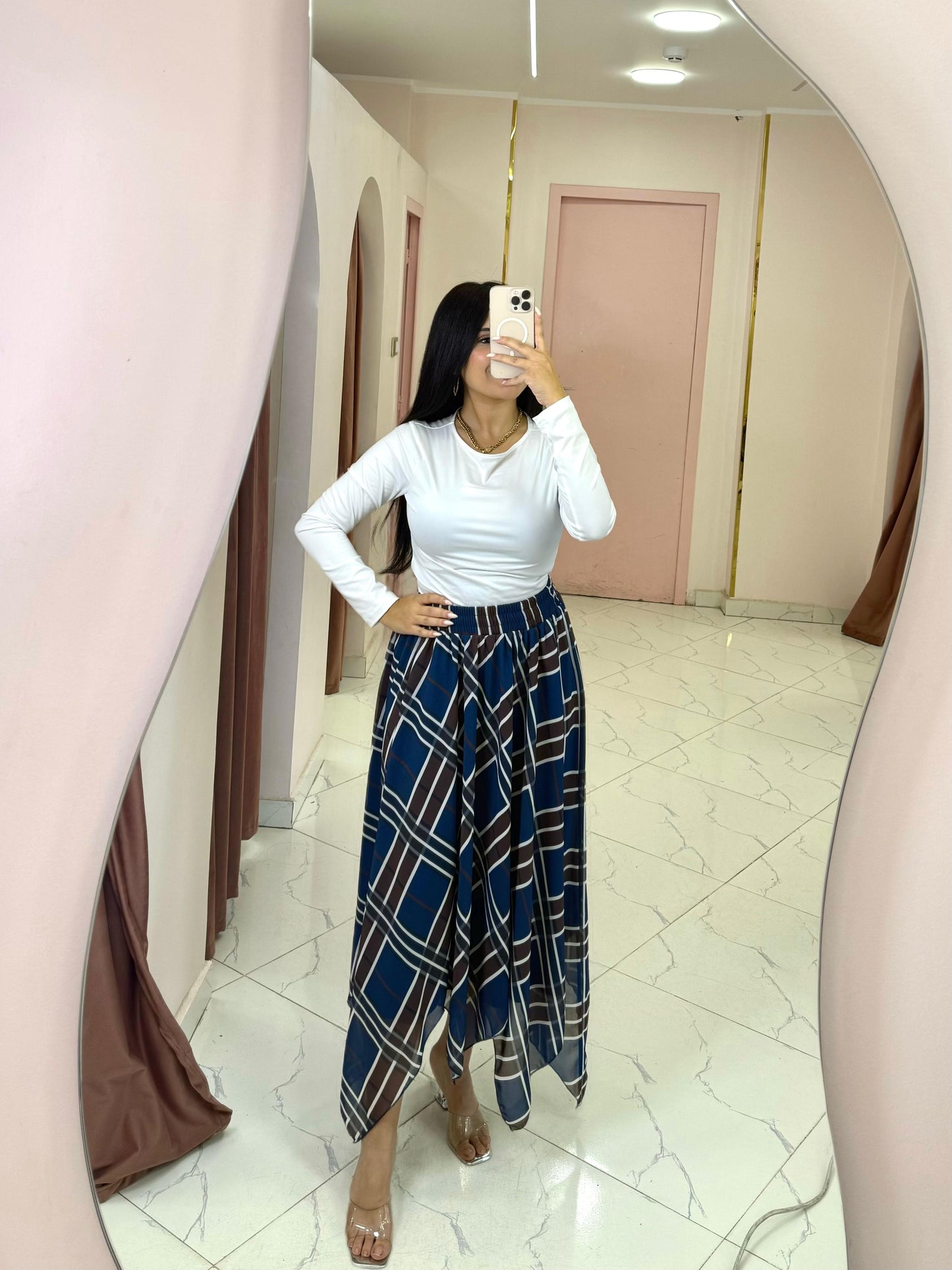 Asymmetrical chiffon skirt with a checkered pattern