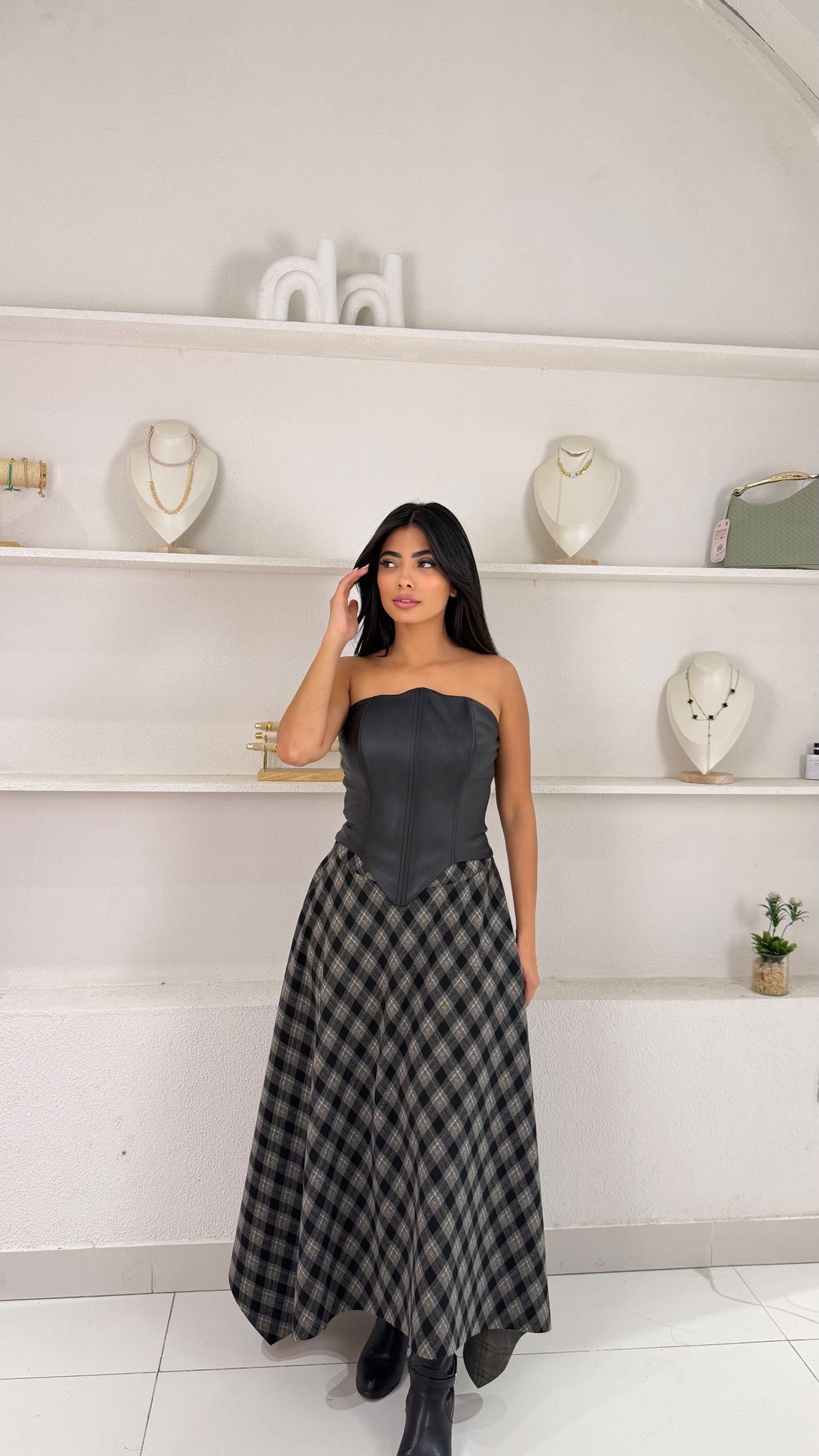 Checked Wide-Cut Maxi Skirt
