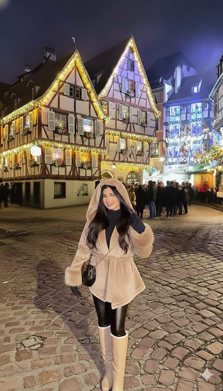 A stylish and comfortable look for a winter evening: a wrap coat trimmed with faux fur.