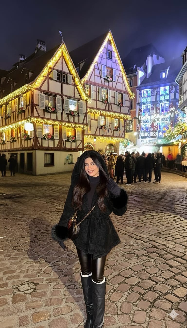 A stylish and comfortable look for a winter evening: a wrap coat trimmed with faux fur.