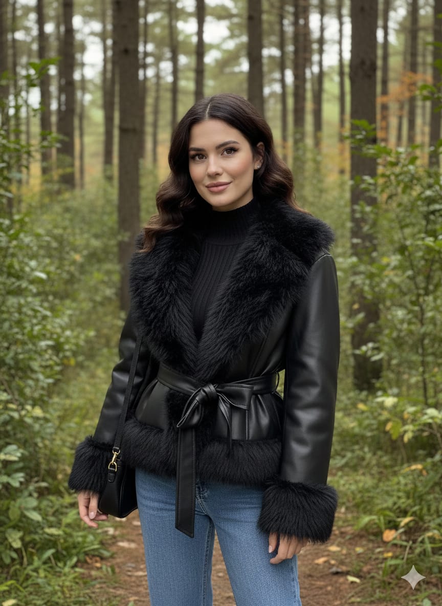The Belted Faux Fur Trim Jacket
