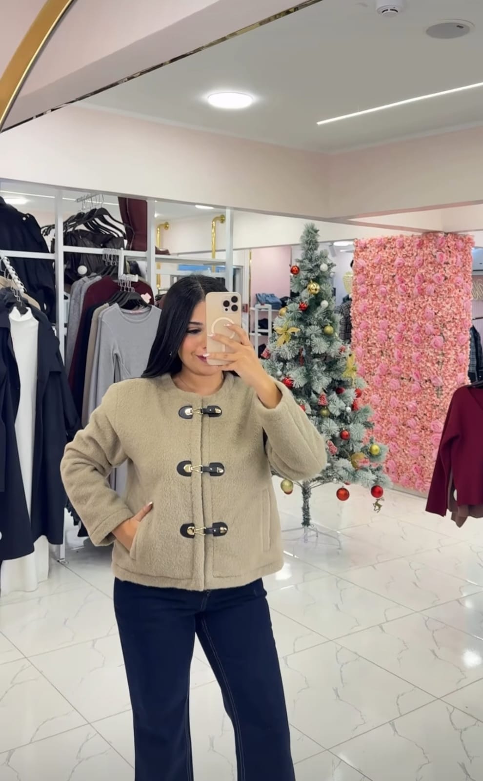 Stylish Teddy bomber jacket with front buttons in sand color