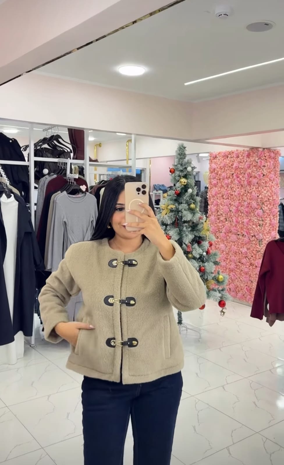 Stylish Teddy bomber jacket with front buttons in sand color