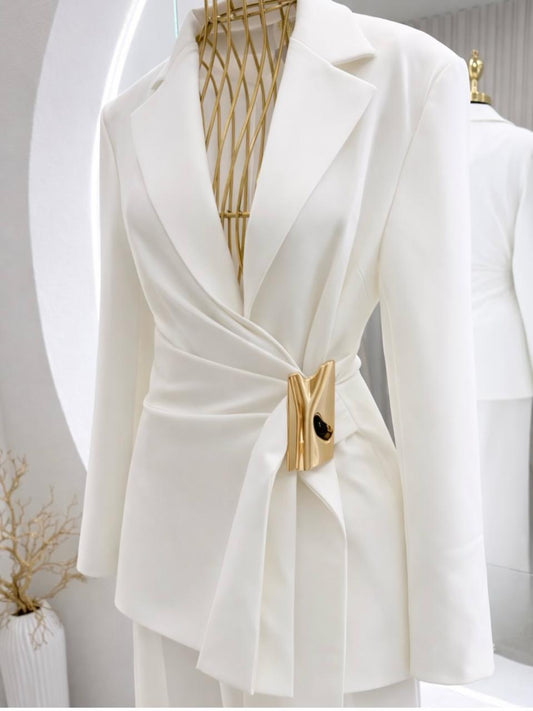 Asymmetric Gold-Buckled Wrap Blazer
