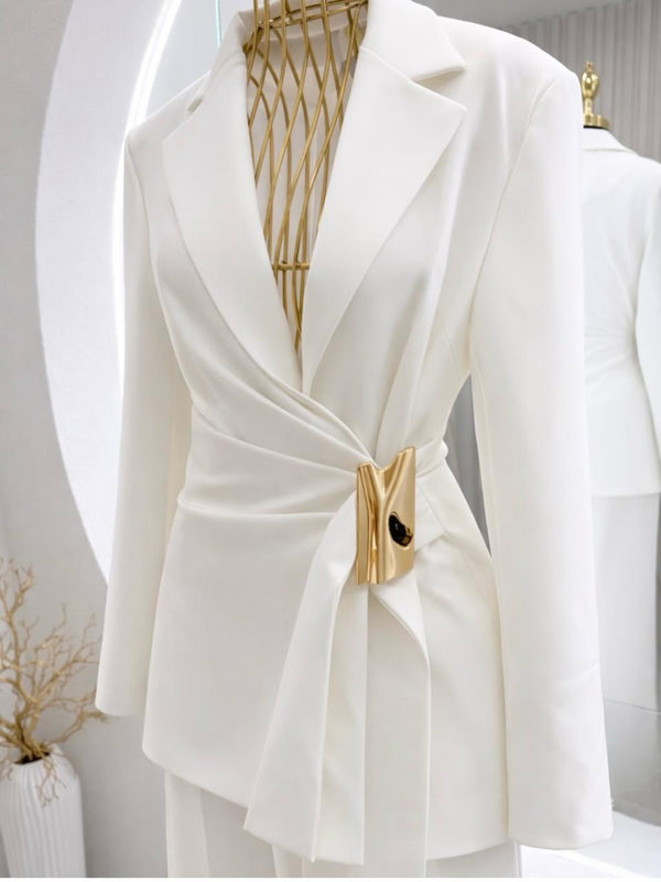 Asymmetric Gold-Buckled Wrap Blazer