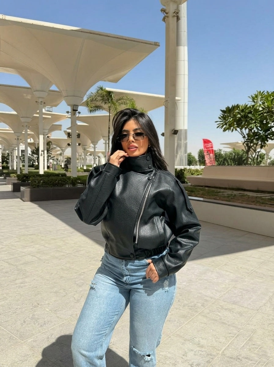Cropped leather bomber jacket