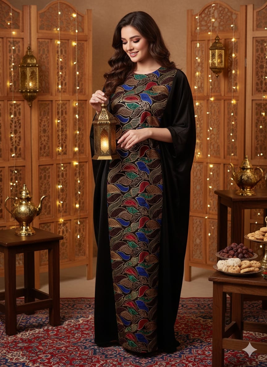 Royal Bloom hand-embroidered Moroccan kaftan with a mosaic leaf pattern
