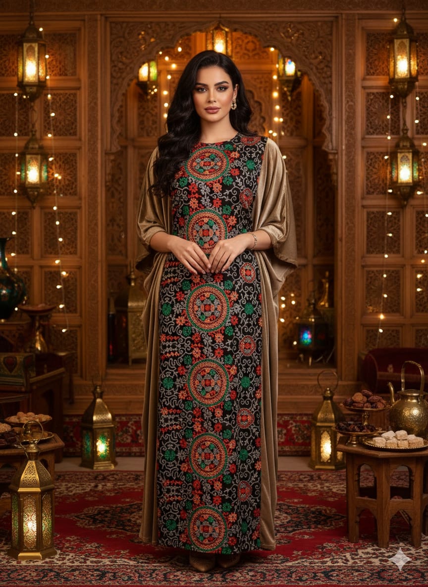 Royal Bloom hand-embroidered Moroccan kaftan with a mosaic leaf pattern