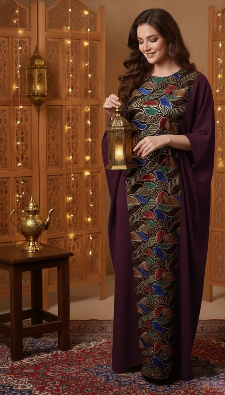 Royal Bloom hand-embroidered Moroccan kaftan with a mosaic leaf pattern