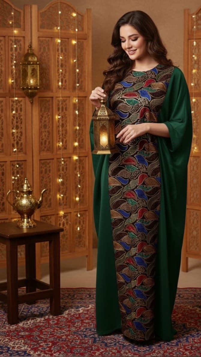Royal Bloom hand-embroidered Moroccan kaftan with a mosaic leaf pattern