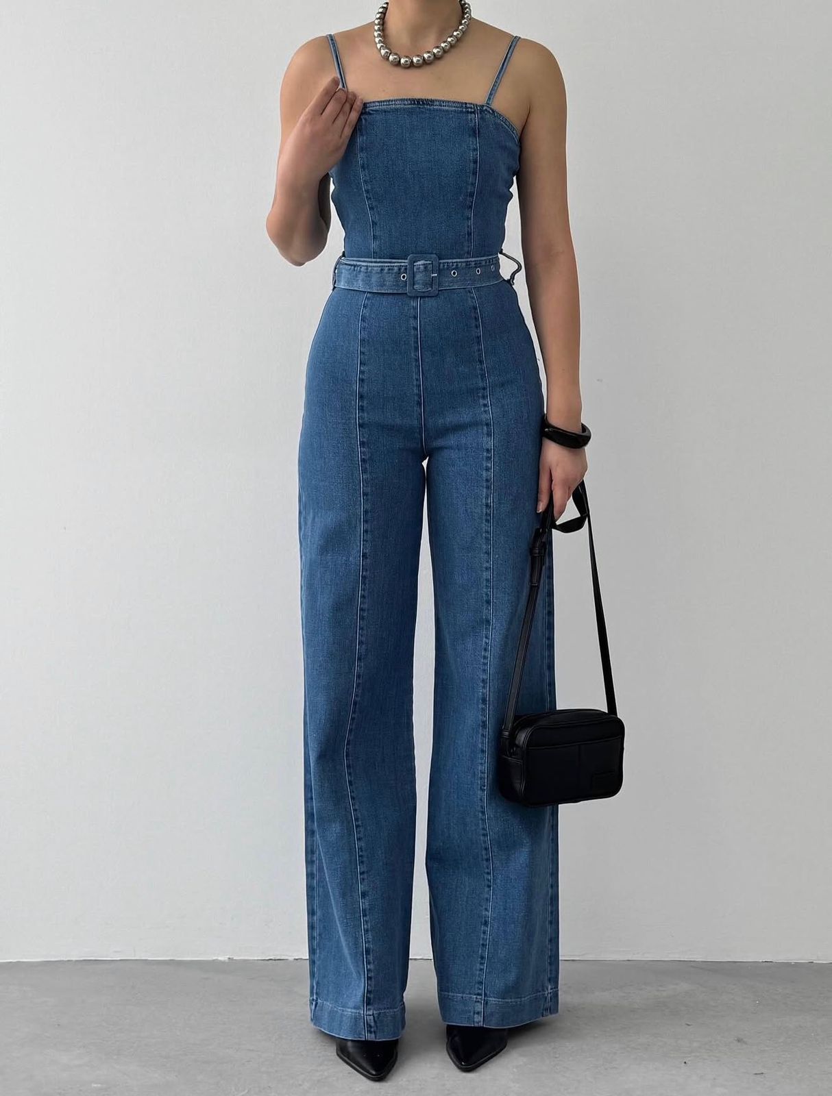Denim jumpsuit with belt