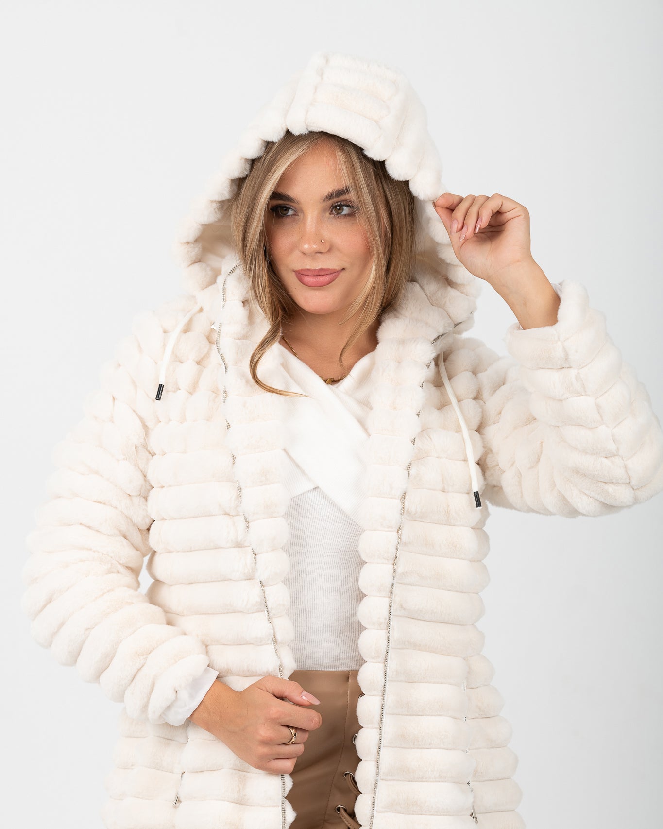 hooded fur long  jacket