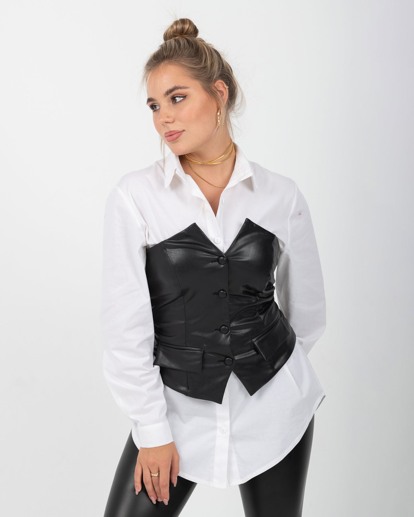 buttoned corset leather top