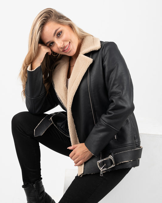 Leather x Fur belted jacket