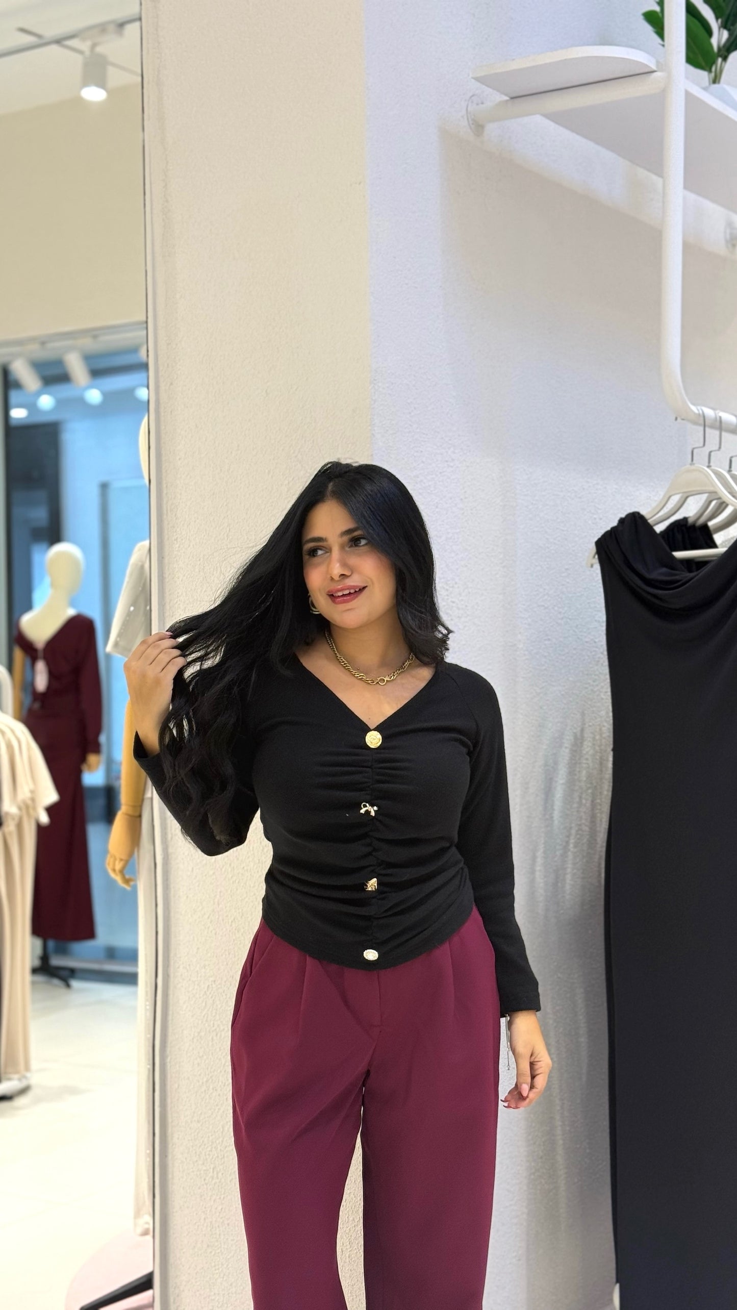 V-Neck Ruched Top with Gold-Button Details