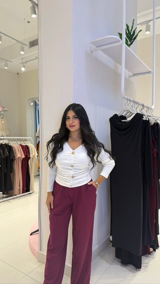 V-Neck Ruched Top with Gold-Button Details