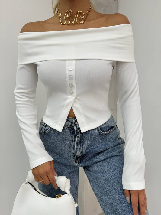 off-shoulder buttoned top