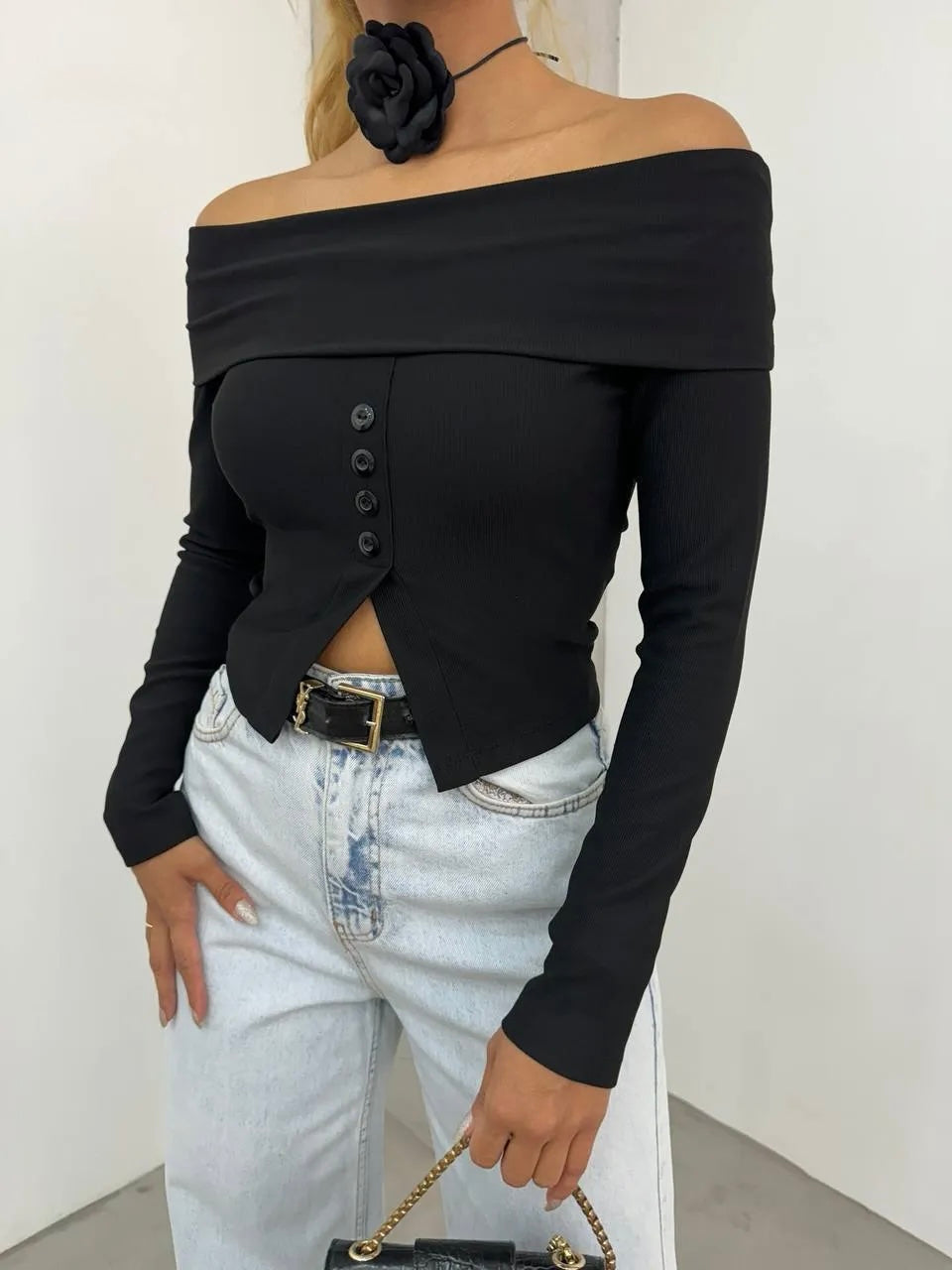 "Chic Off-Shoulder Button-Front Top"