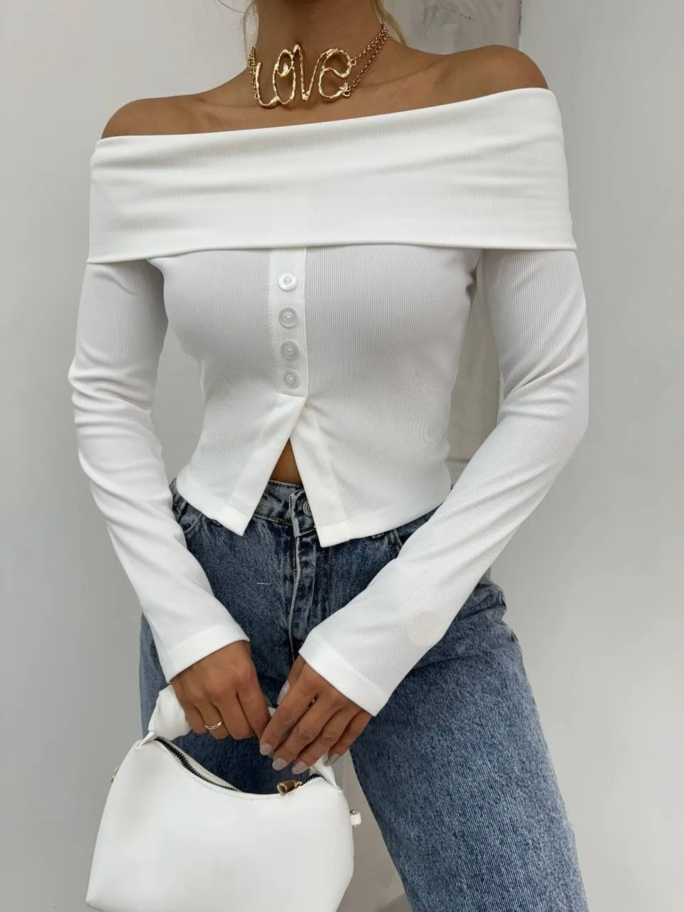 "Chic Off-Shoulder Button-Front Top"