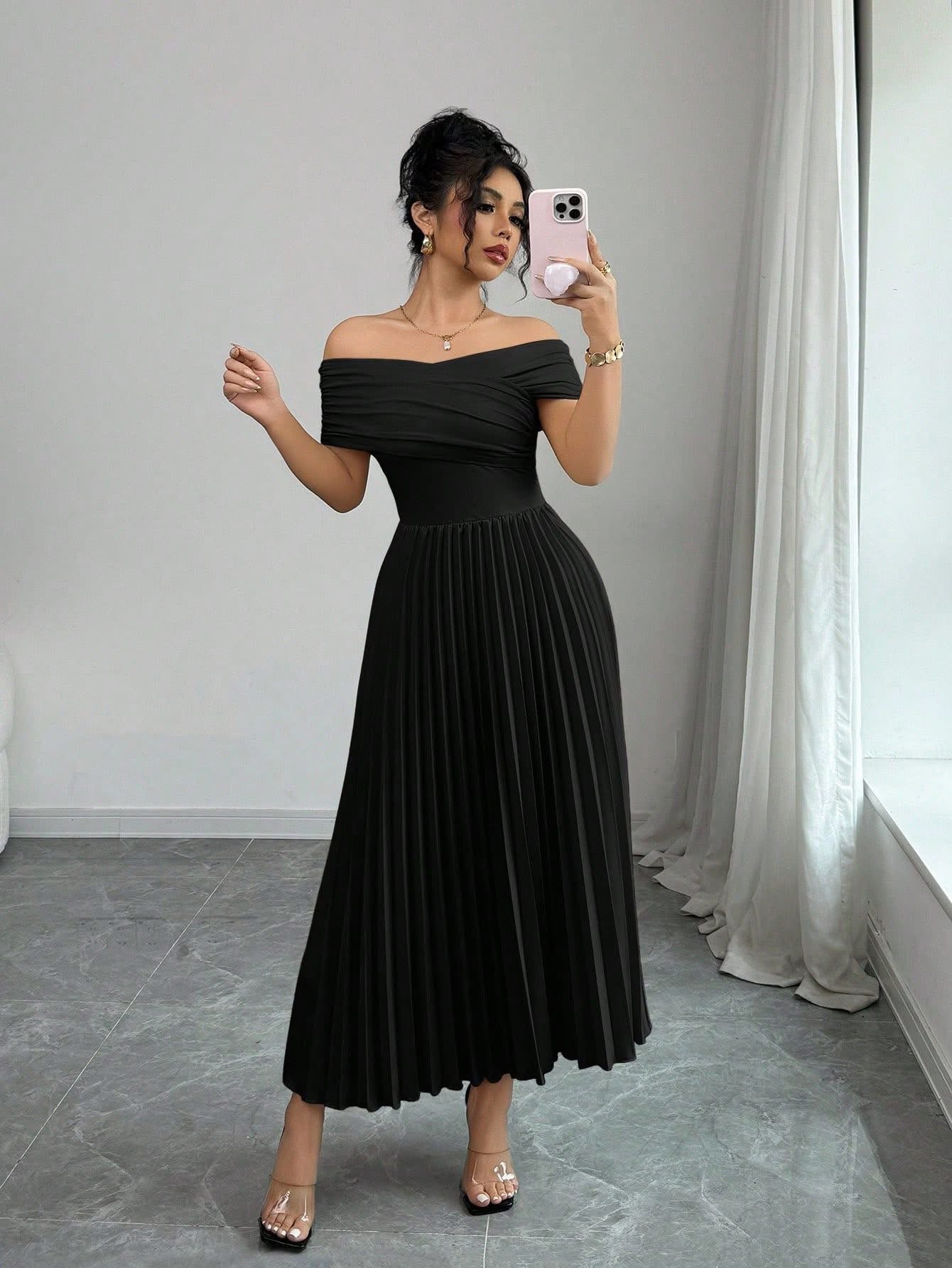 Off-Shoulder Pleated Midi Dress