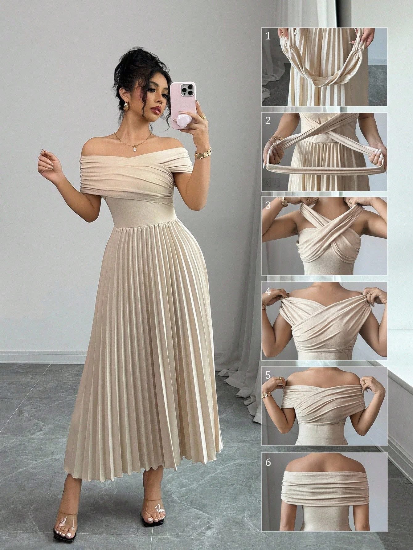 Off-Shoulder Pleated Midi Dress