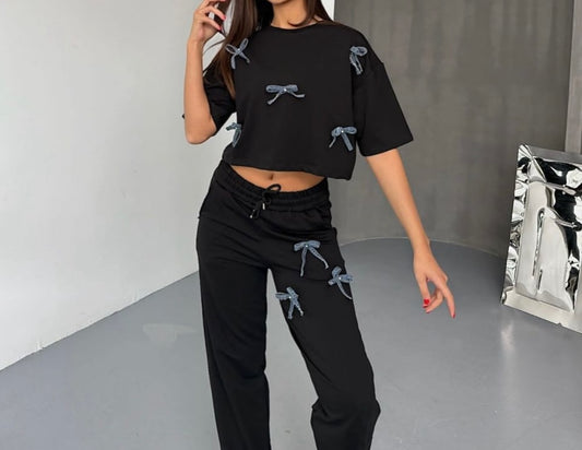 Bow-Accented Cropped Top and Pants Set
