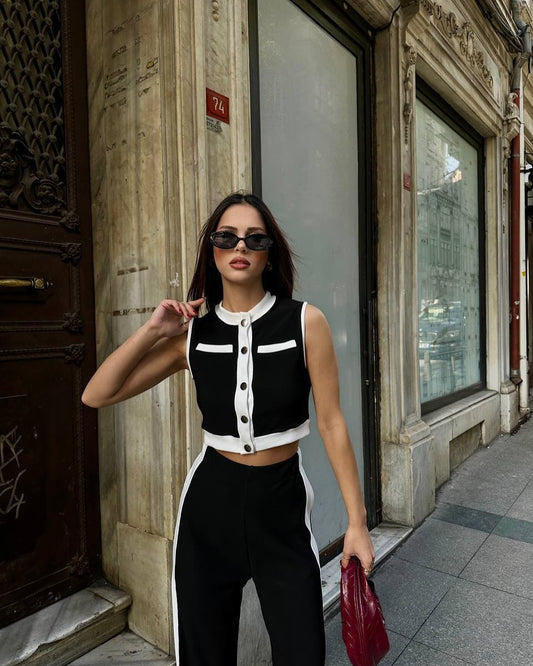 Contrast Trim Crop Top and Flared Pants Co-ord Set