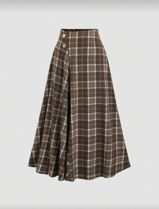 High-waisted A-line midi skirt in a vintage check pattern with decorative button details.
