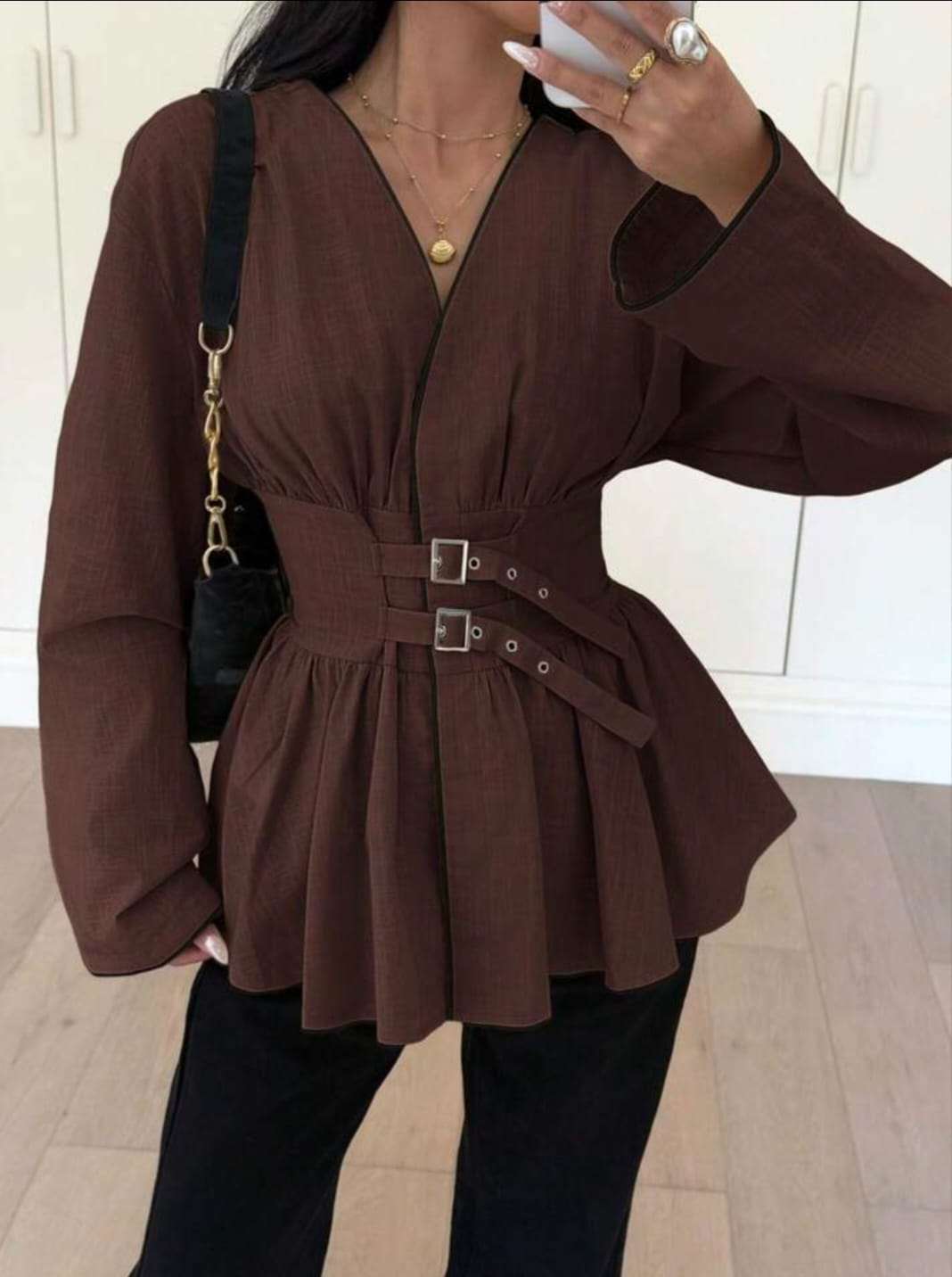Neck Peplum Blouse with Double-Buckle Cinch Waist