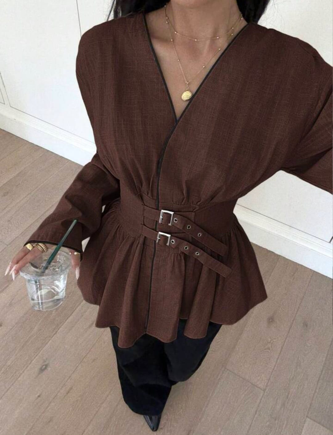 Neck Peplum Blouse with Double-Buckle Cinch Waist